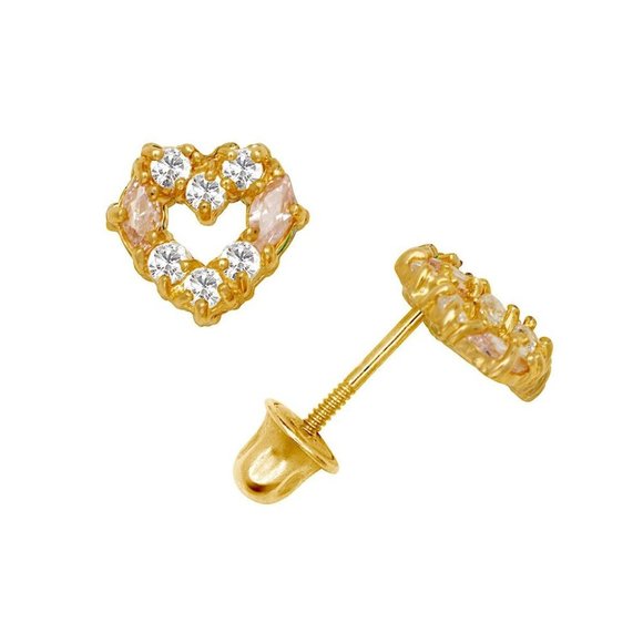 14K Solid Yellow Gold Heart Earrings Set With Cz And Marquise Shape Screw Backs - Picture 9 of 10